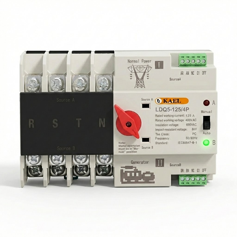KAEL LDQ5-63 2P 63A Red Knob Single Phase Automatic Transfer Switch for DIN rail mounting in electrical panels.
