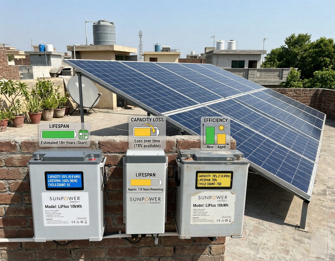 Solar battery with charge level indicators showing capacity loss and degradation over time