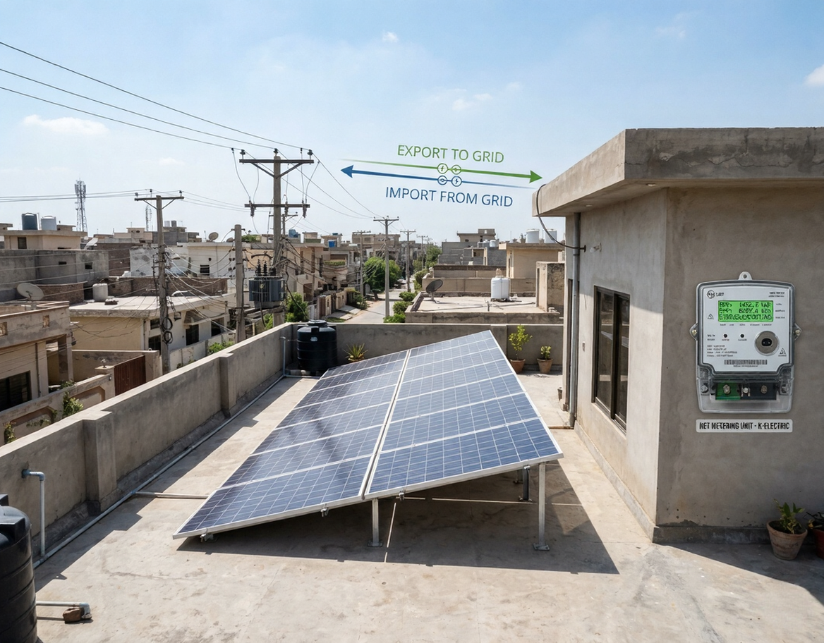 Net metering for home in Pakistan showing solar panels on a residential rooftop with a bidirectional electricity meter