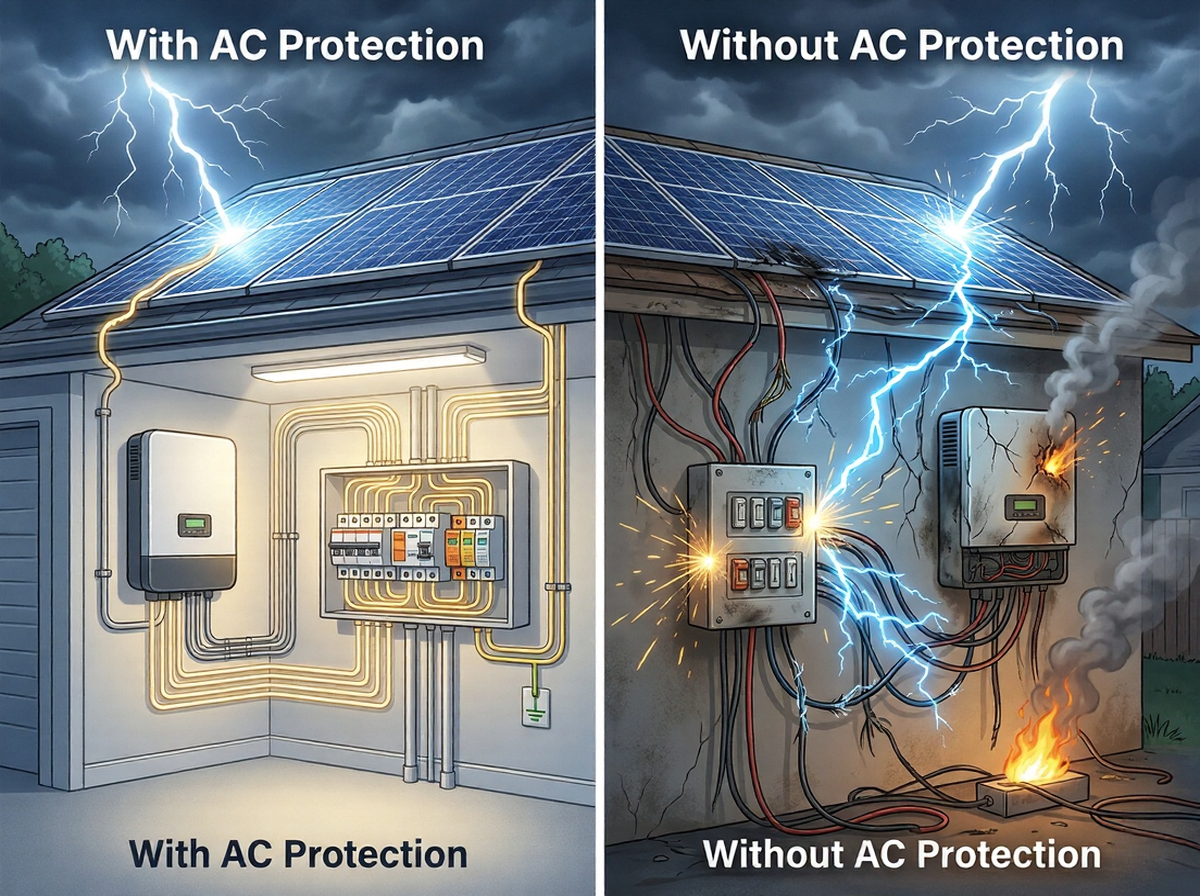 AC protection components in a solar system including breaker RCD and surge protection device connected to inverter