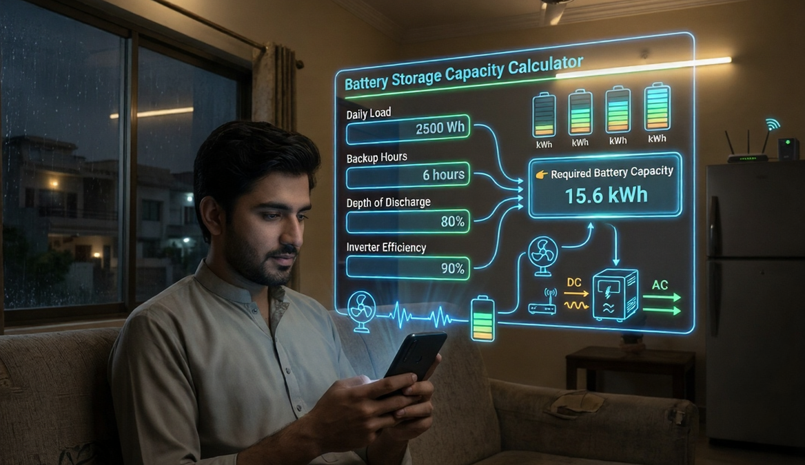 Augmented reality battery storage capacity calculator showing kWh calculation for a Pakistani home during load shedding with solar backup system