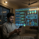 Augmented reality battery storage capacity calculator showing kWh calculation for a Pakistani home during load shedding with solar backup system