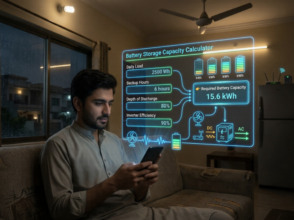 Augmented reality battery storage capacity calculator showing kWh calculation for a Pakistani home during load shedding with solar backup system
