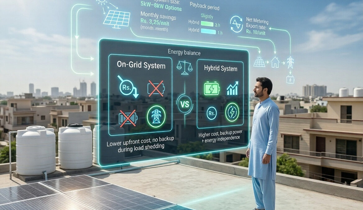 Augmented reality style rooftop solar panel system in Pakistan showing hybrid and on-grid comparison with energy flow, cost, and ROI data overlay on a modern house rooftop