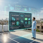 Augmented reality style rooftop solar panel system in Pakistan showing hybrid and on-grid comparison with energy flow, cost, and ROI data overlay on a modern house rooftop