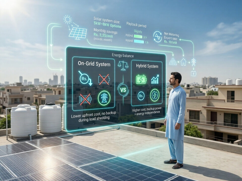 Augmented reality style rooftop solar panel system in Pakistan showing hybrid and on-grid comparison with energy flow, cost, and ROI data overlay on a modern house rooftop