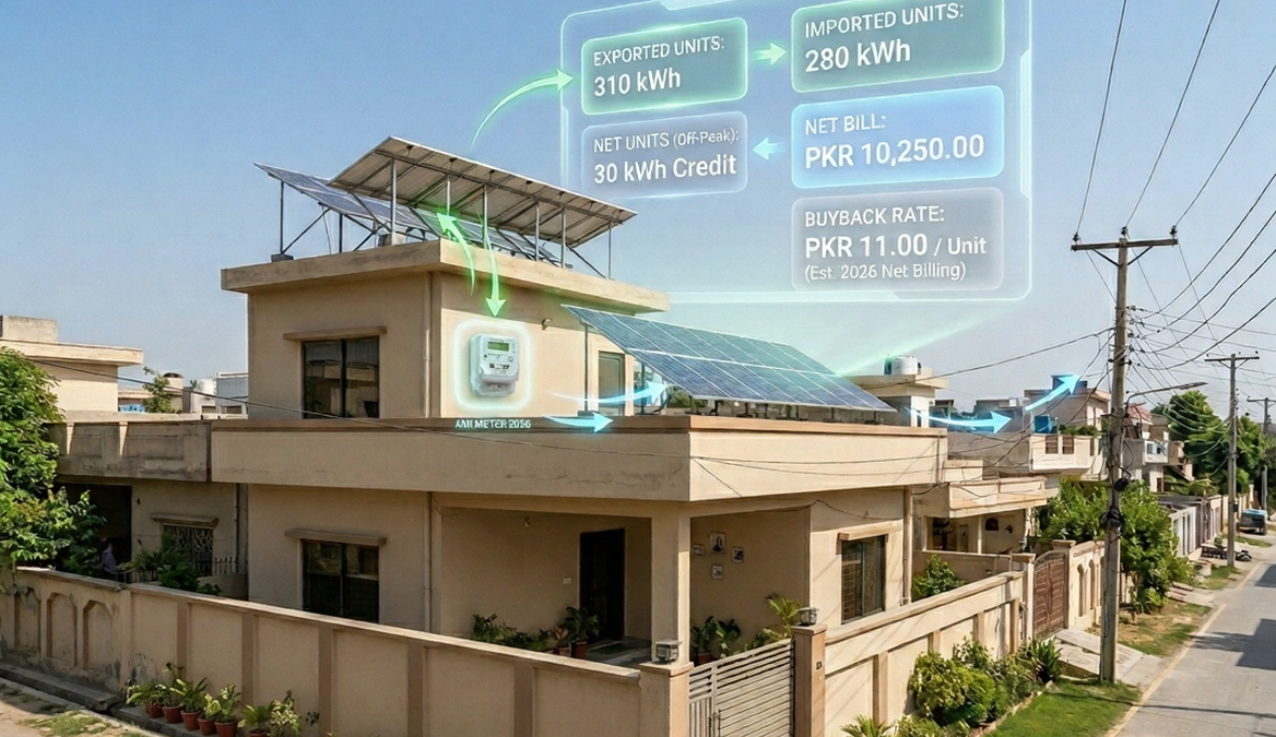 Residential home in Pakistan with rooftop solar panels and augmented reality display showing net metering data including units exported, units imported, buyback rate, and net bill in Pakistani rupees