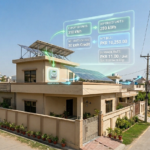 Residential home in Pakistan with rooftop solar panels and augmented reality display showing net metering data including units exported, units imported, buyback rate, and net bill in Pakistani rupees