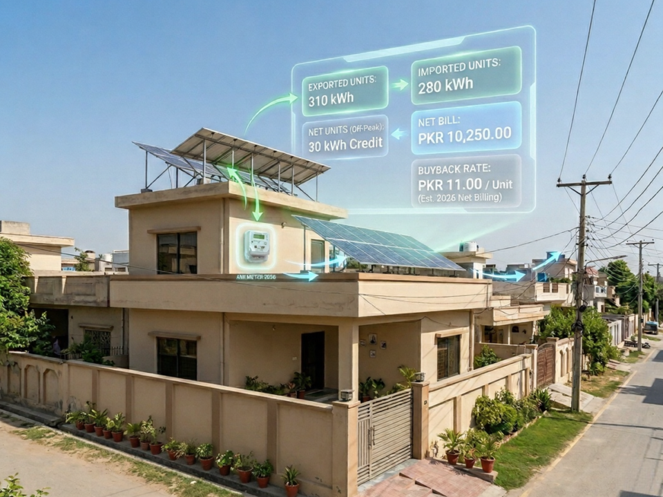 Residential home in Pakistan with rooftop solar panels and augmented reality display showing net metering data including units exported, units imported, buyback rate, and net bill in Pakistani rupees