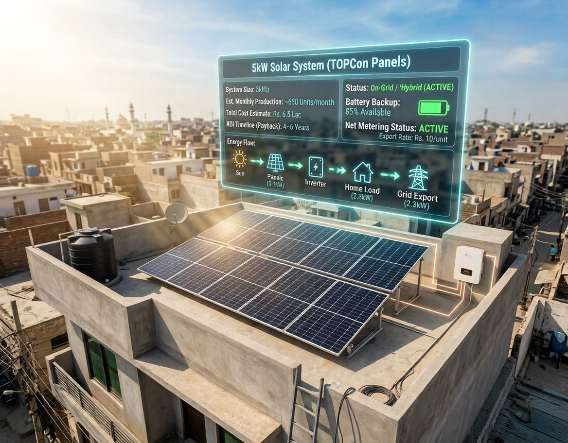 Augmented reality style rooftop solar panel system in Pakistan showing hybrid and on-grid comparison with energy flow, cost, and ROI data overlay on a modern house rooftop