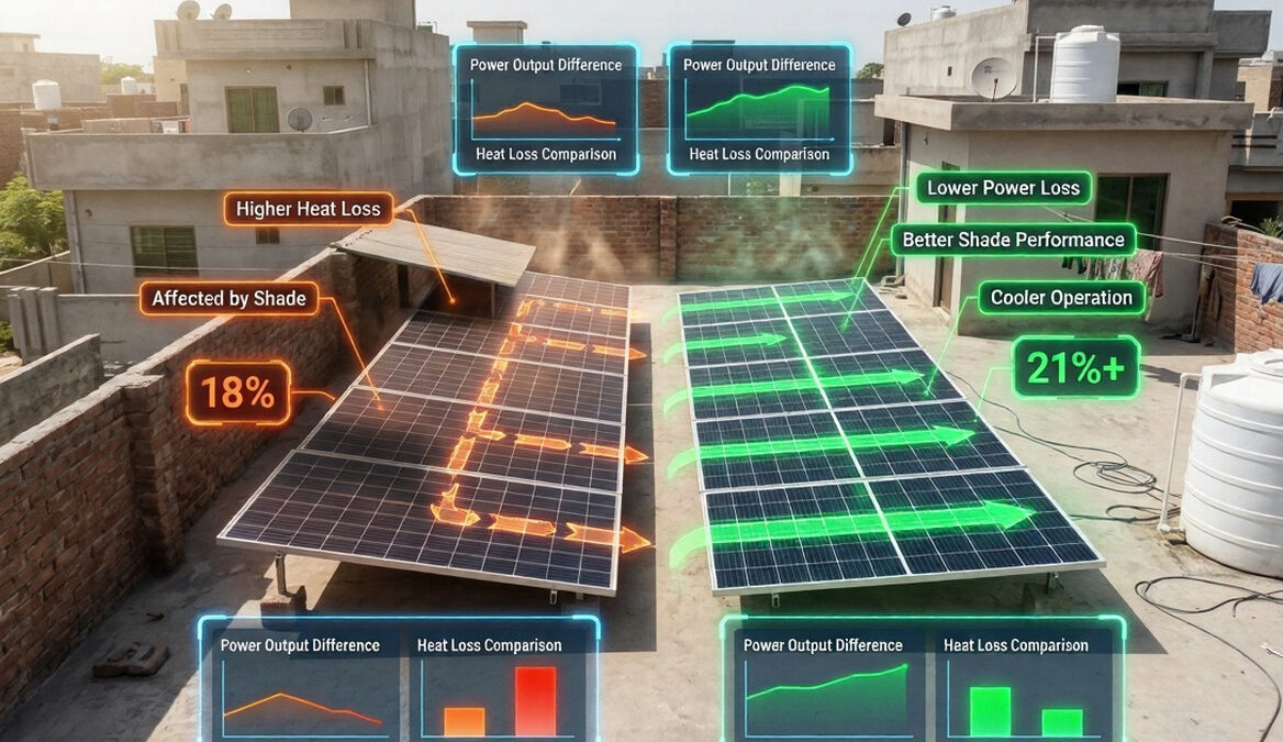 Half-cut solar panels vs standard panels comparison showing reduced power loss and better performance in Pakistan heat