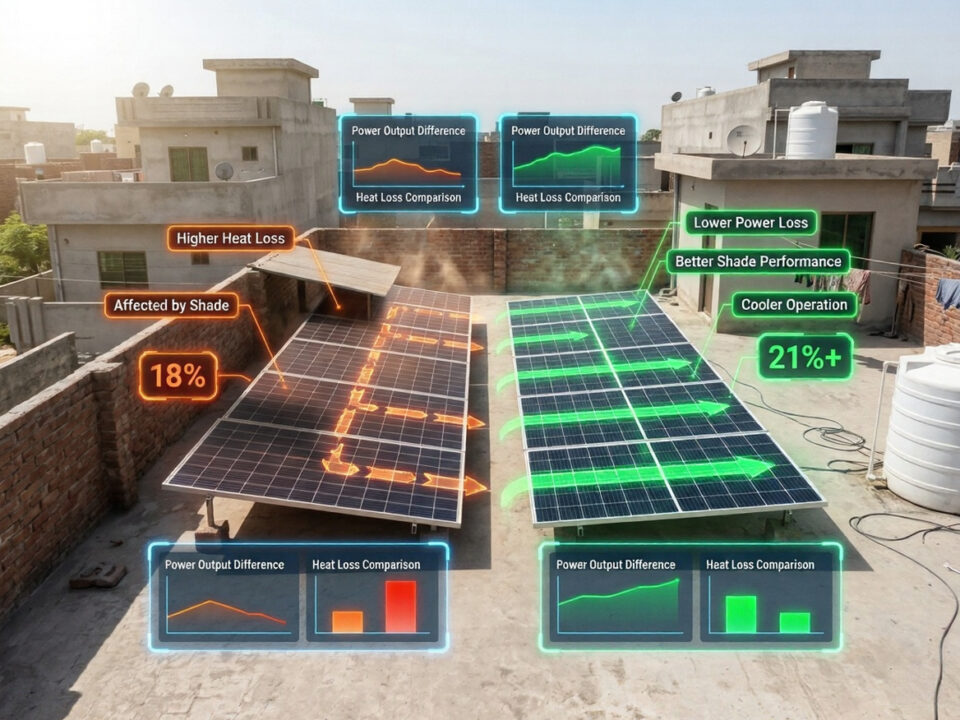 Half-cut solar panels vs standard panels comparison showing reduced power loss and better performance in Pakistan heat