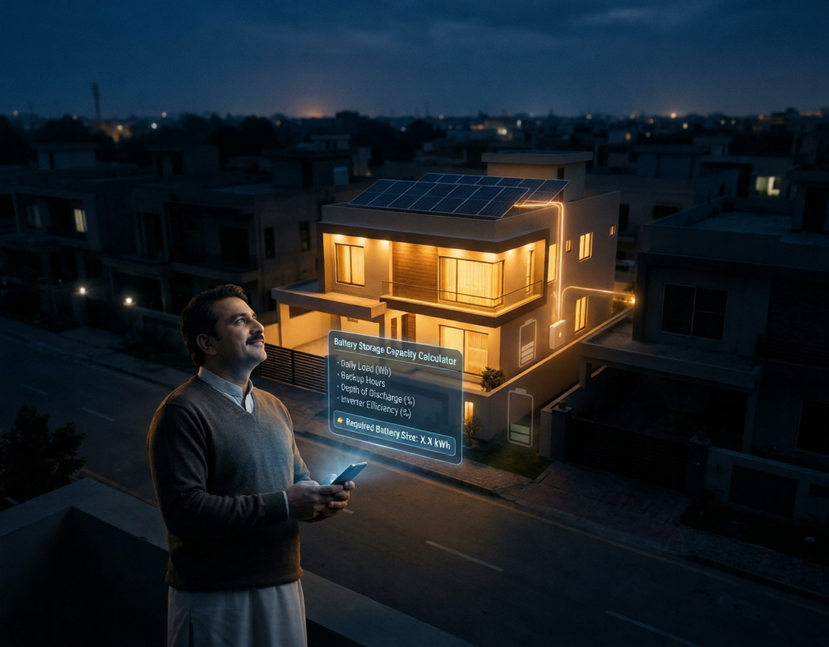 Augmented reality battery storage capacity calculator showing kWh calculation for a Pakistani home during load shedding with solar backup system