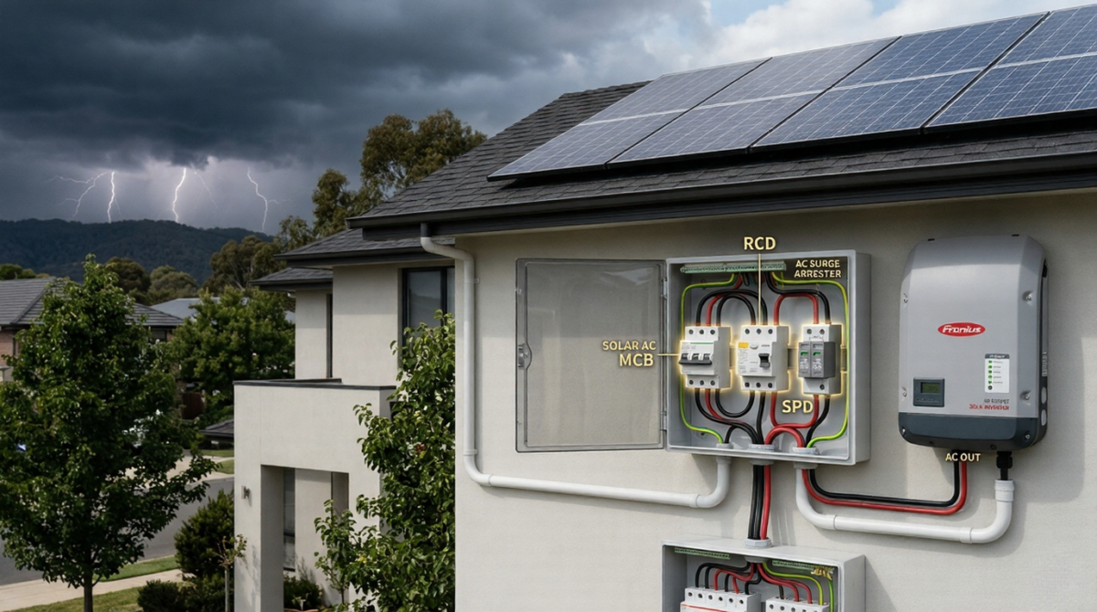 AC protection components in a solar system including breaker RCD and surge protection device connected to inverter