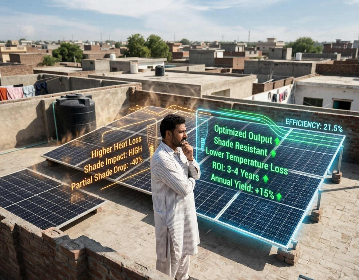 Half-cut solar panels vs standard panels comparison showing reduced power loss and better performance in Pakistan heat