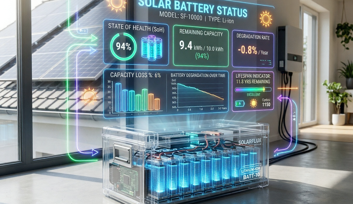 Solar battery with charge level indicators showing capacity loss and degradation over time
