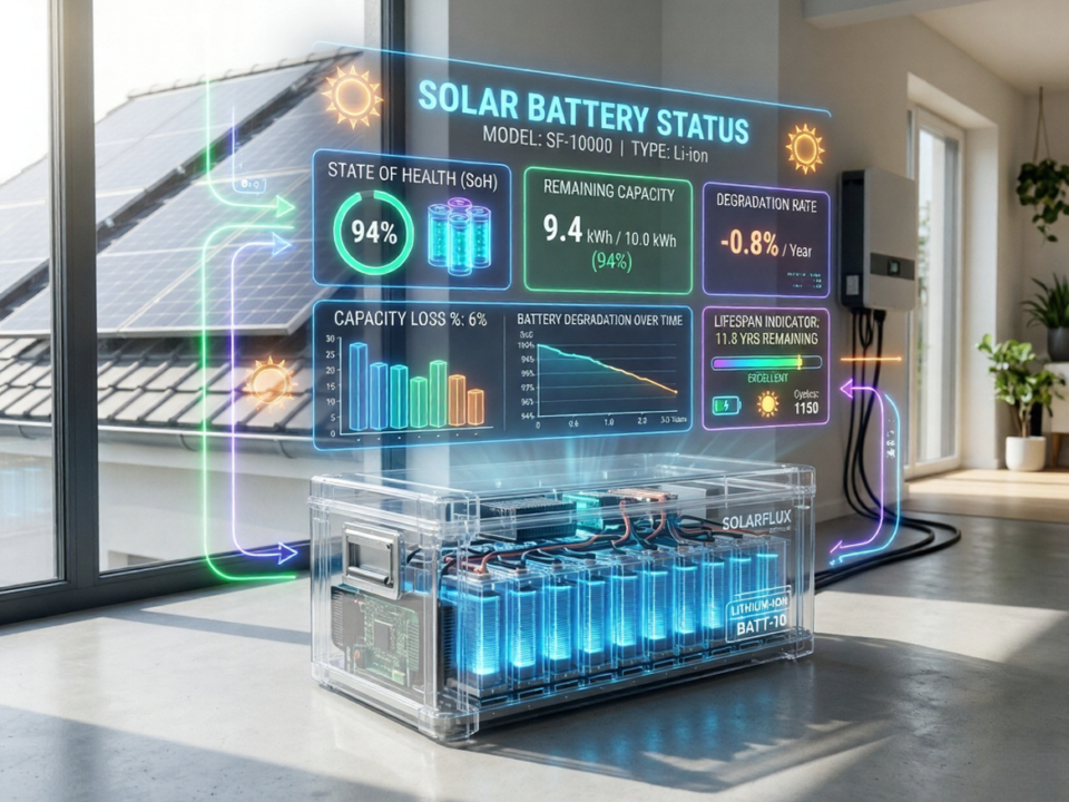 Solar battery with charge level indicators showing capacity loss and degradation over time