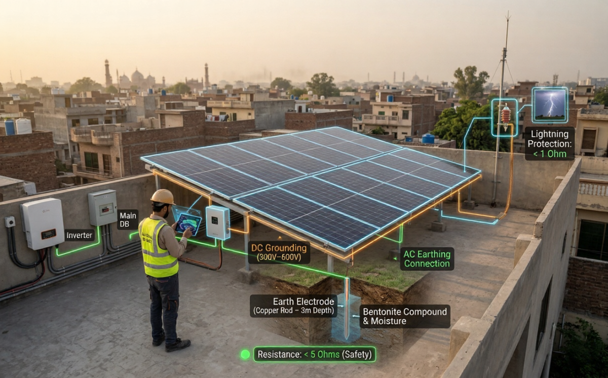 Solar earthing system in Pakistan showing AR visualization of grounding, copper rod, and lightning protection