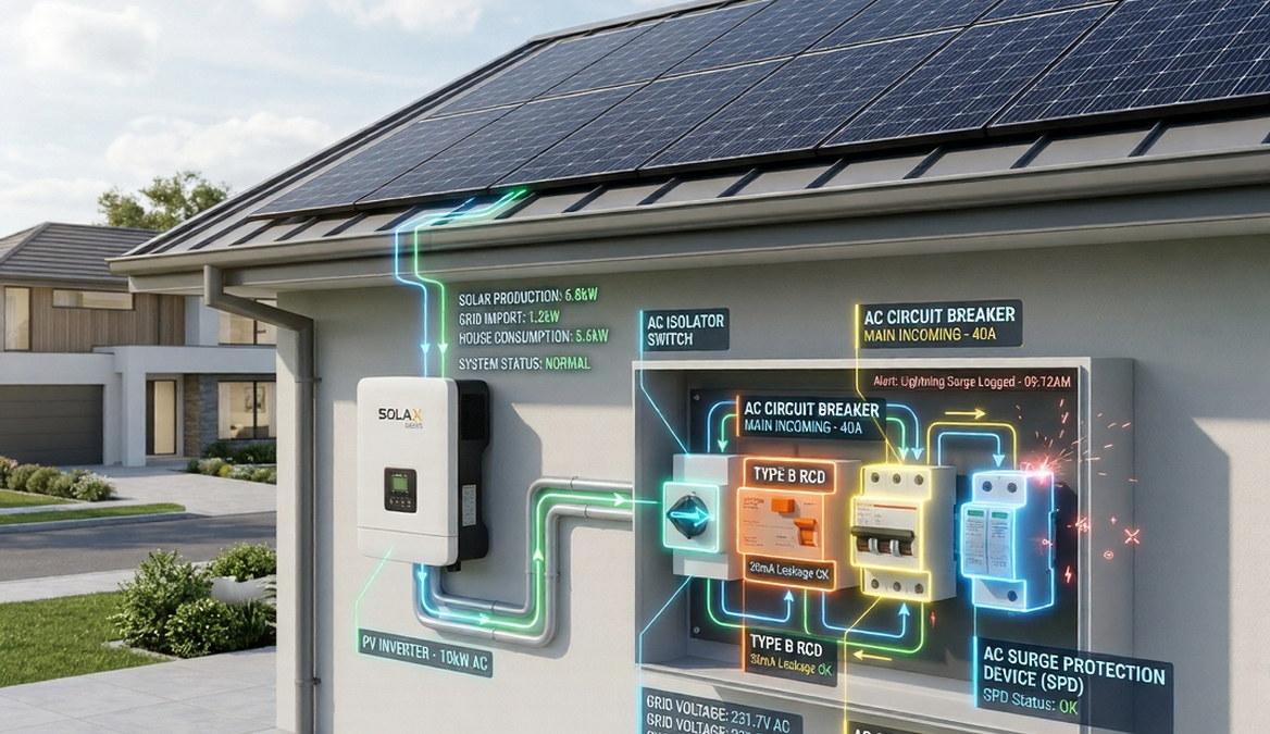 AC protection components in a solar system including breaker RCD and surge protection device connected to inverter