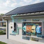 AC protection components in a solar system including breaker RCD and surge protection device connected to inverter