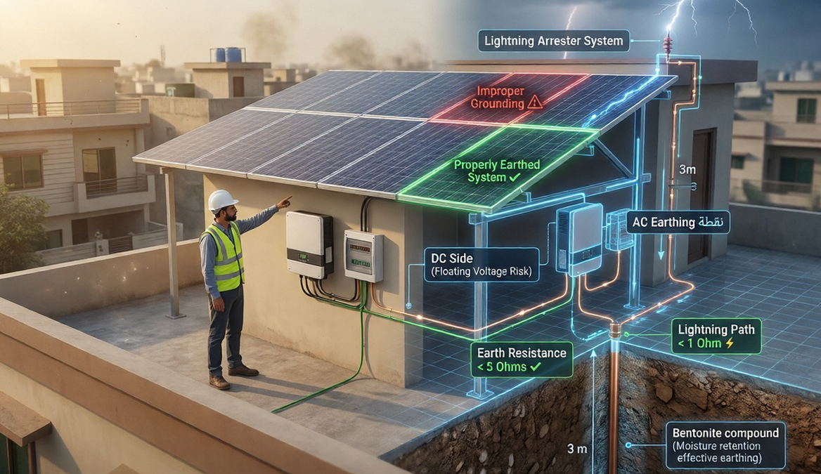 Solar earthing system in Pakistan showing AR visualization of grounding, copper rod, and lightning protection