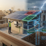 Solar earthing system in Pakistan showing AR visualization of grounding, copper rod, and lightning protection