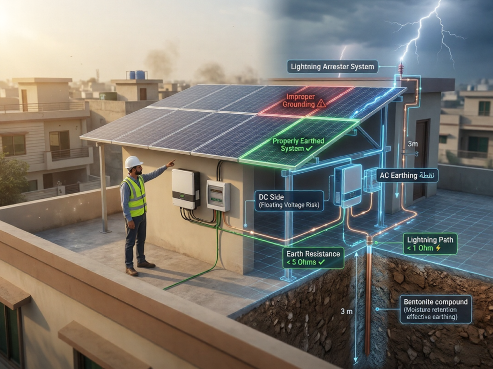 Solar earthing system in Pakistan showing AR visualization of grounding, copper rod, and lightning protection