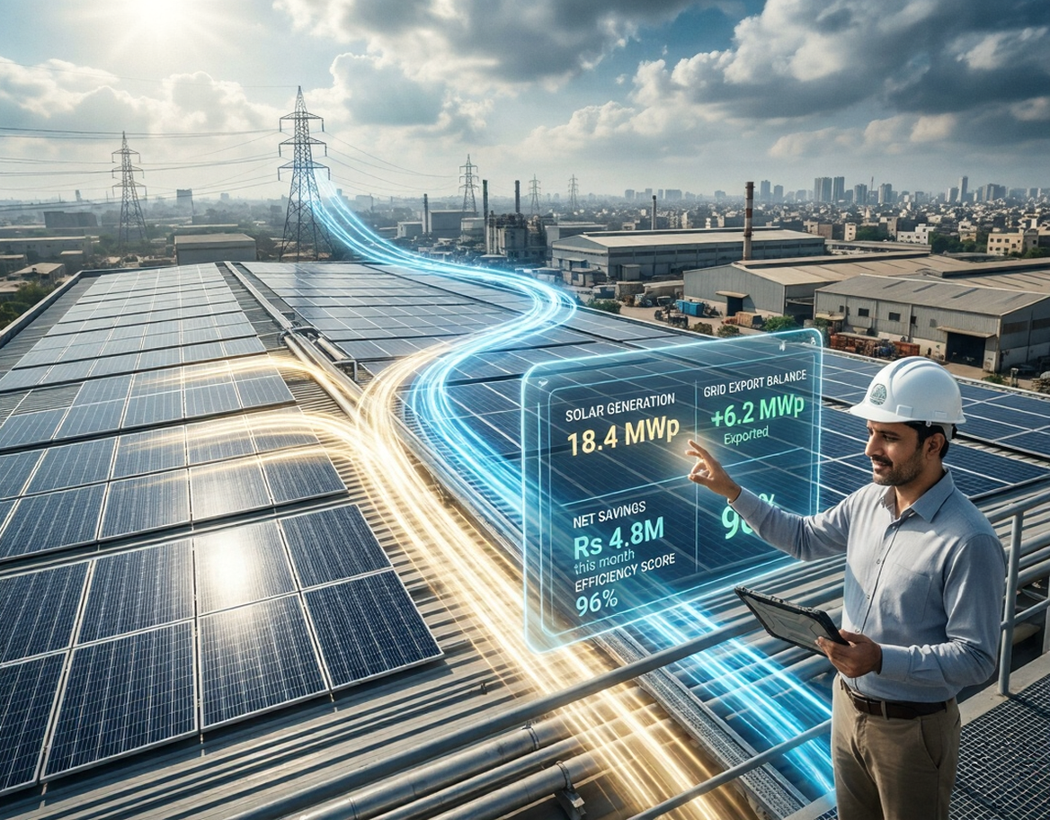 Commercial solar net metering system on a factory rooftop in Pakistan, showing grid-connected solar panels and electricity meter data flow
