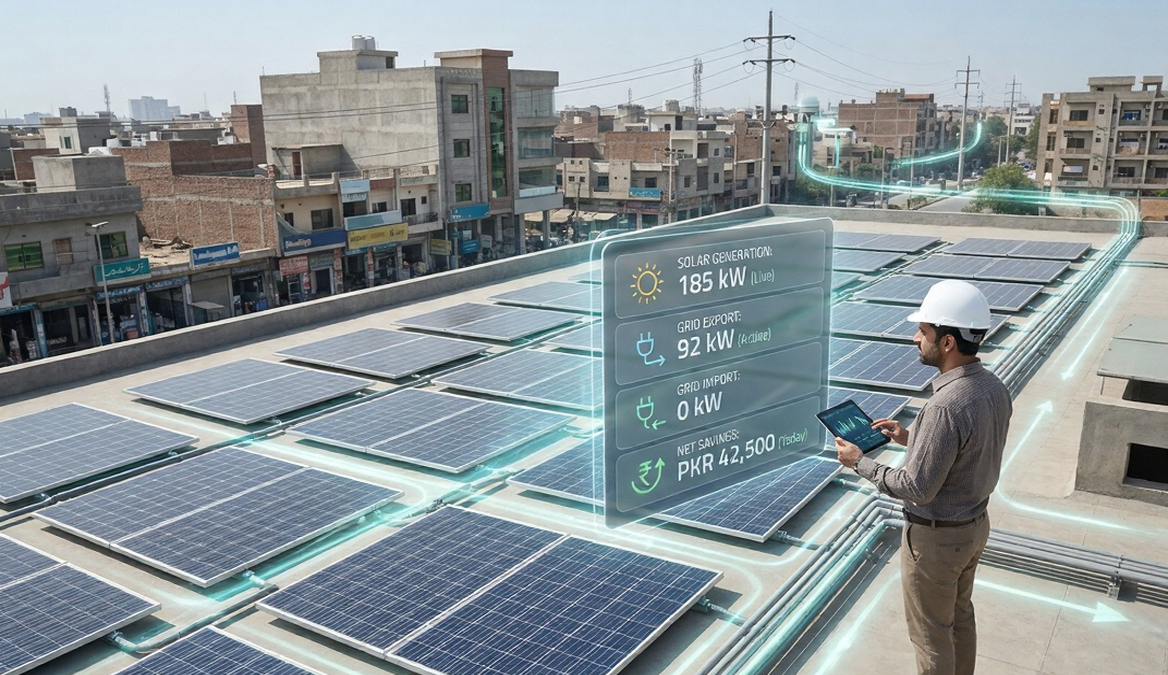 Commercial solar net metering system on a factory rooftop in Pakistan, showing grid-connected solar panels and electricity meter data flow