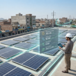 Commercial solar net metering system on a factory rooftop in Pakistan, showing grid-connected solar panels and electricity meter data flow