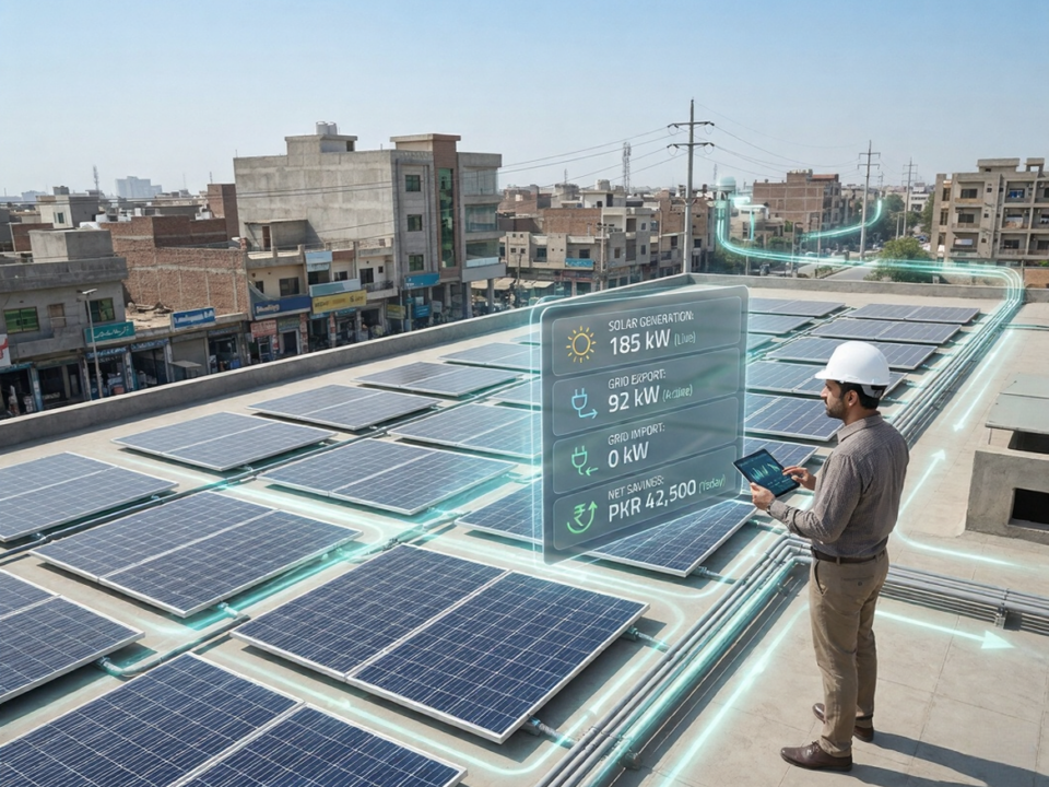 Commercial solar net metering system on a factory rooftop in Pakistan, showing grid-connected solar panels and electricity meter data flow
