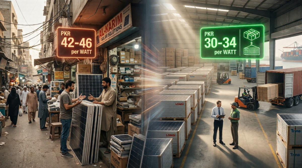 Wholesale solar market in Pakistan showing retail vs bulk buying difference with a large solar panel warehouse and pricing comparison