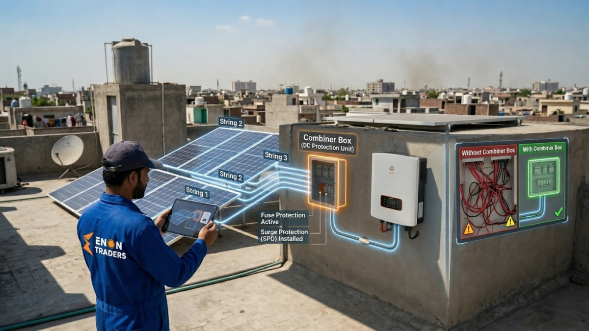 Solar combiner box installed in a residential solar system in Pakistan
