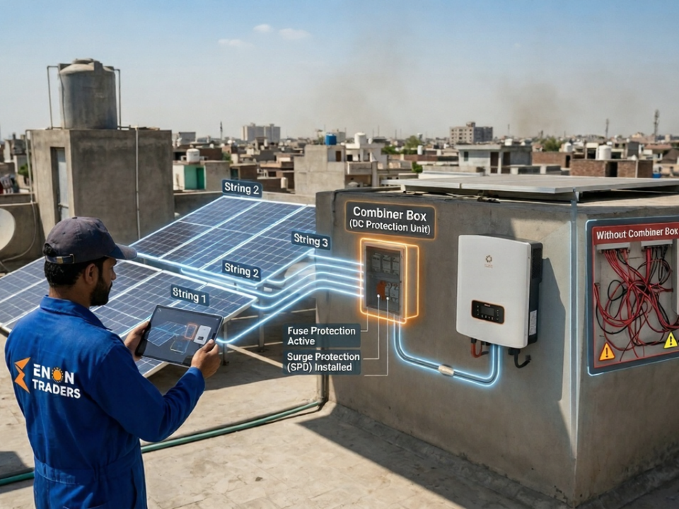Solar combiner box installed in a residential solar system in Pakistan