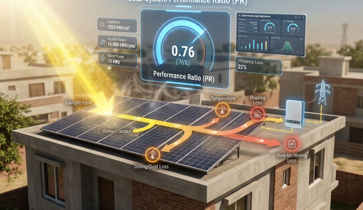 Solar system performance ratio concept showing sunlight conversion into electricity with efficiency comparison and energy losses in a rooftop solar system