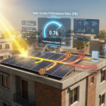 Solar system performance ratio concept showing sunlight conversion into electricity with efficiency comparison and energy losses in a rooftop solar system