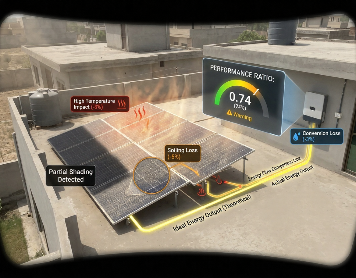 Solar system performance ratio concept showing sunlight conversion into electricity with efficiency comparison and energy losses in a rooftop solar system
