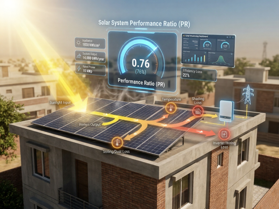 Solar system performance ratio concept showing sunlight conversion into electricity with efficiency comparison and energy losses in a rooftop solar system
