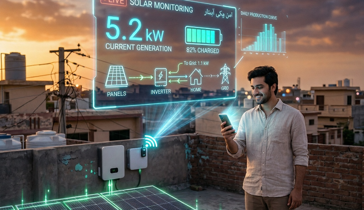 Inverter WiFi monitoring app showing solar system performance on smartphone in Pakistan