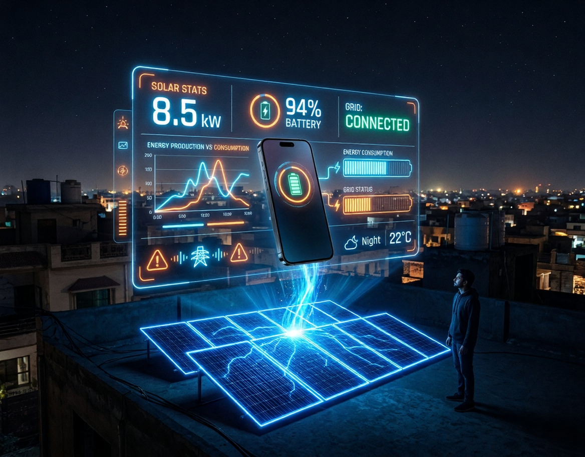 Inverter WiFi monitoring app showing solar system performance on smartphone in Pakistan