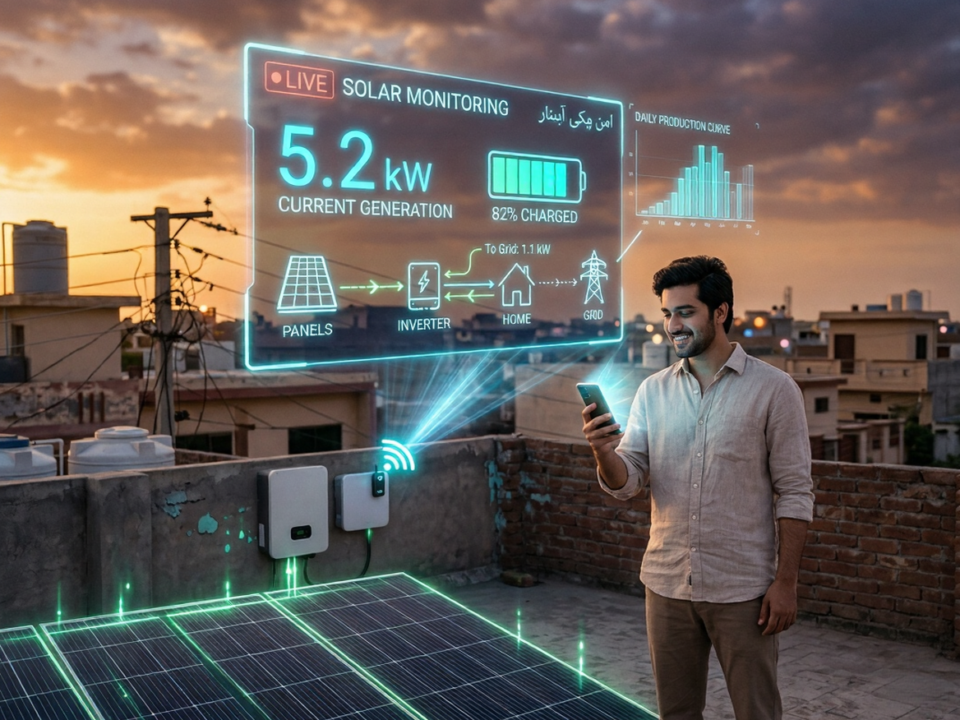 Inverter WiFi monitoring app showing solar system performance on smartphone in Pakistan