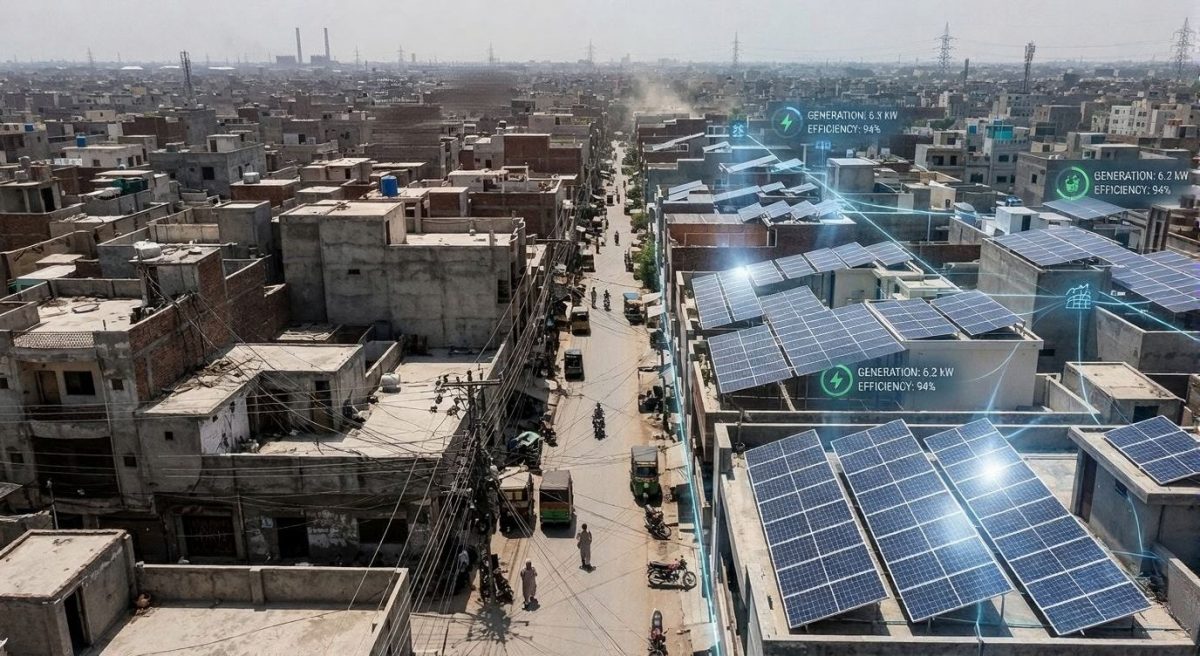 Solar panel rooftops spreading across a Pakistani city showing rapid energy transition.