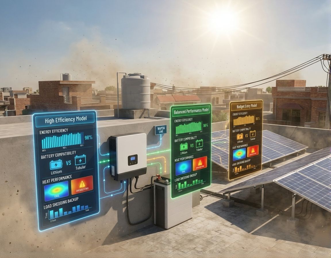 Augmented reality visualization of a hybrid solar inverter system in Pakistan showing energy flow from solar panels to batteries and home appliances.