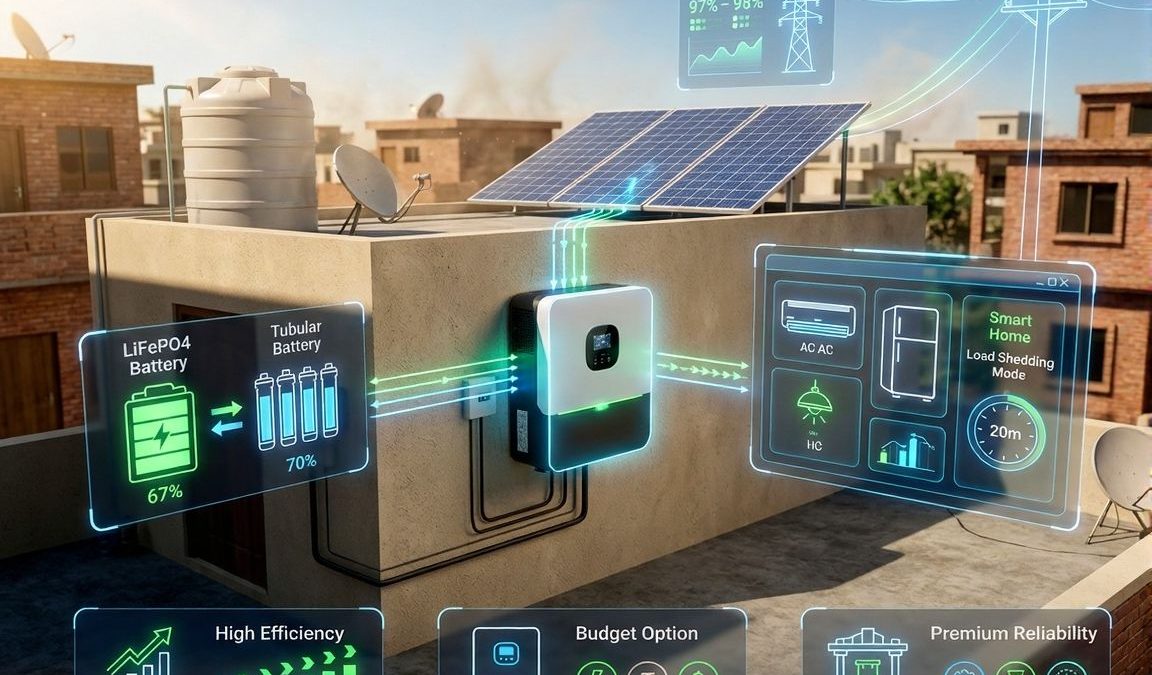 Augmented reality visualization of a hybrid solar inverter system in Pakistan showing energy flow from solar panels to batteries and home appliances.