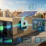 Augmented reality visualization of a hybrid solar inverter system in Pakistan showing energy flow from solar panels to batteries and home appliances.