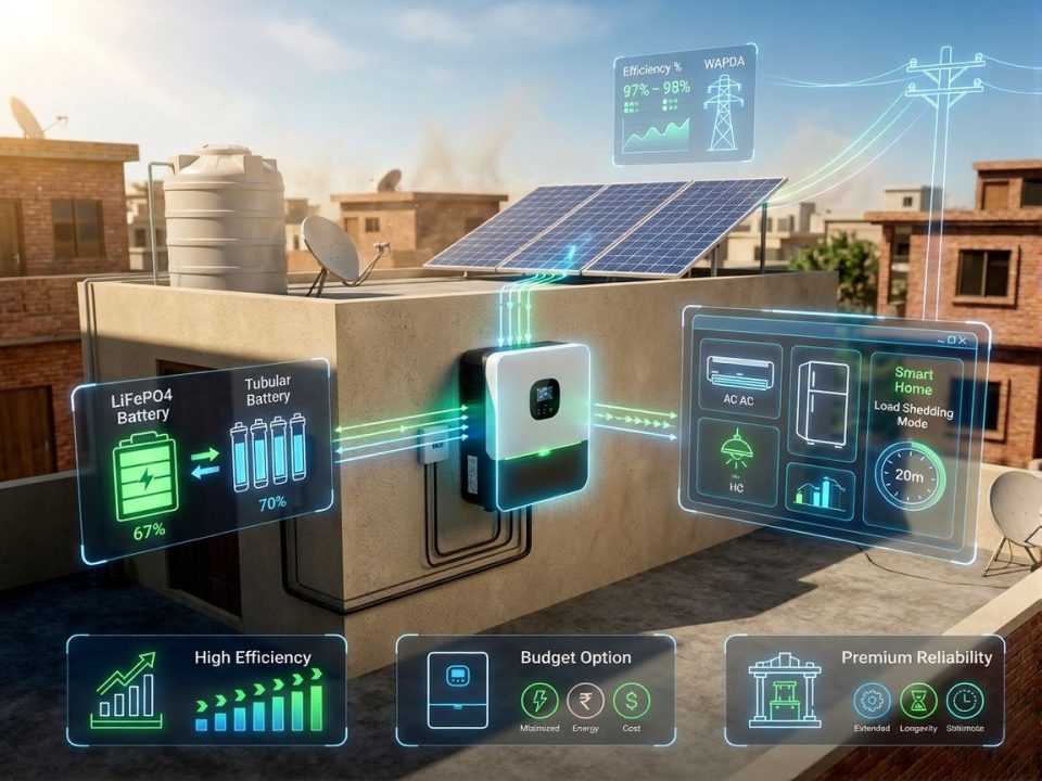 Augmented reality visualization of a hybrid solar inverter system in Pakistan showing energy flow from solar panels to batteries and home appliances.