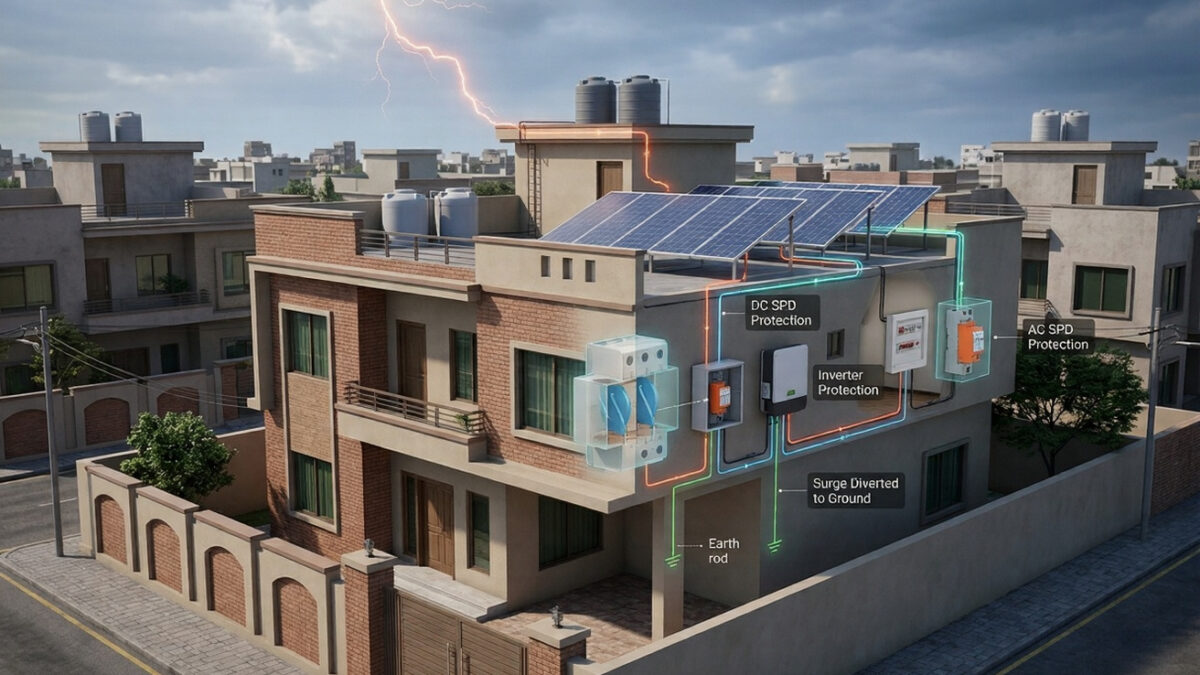Solar surge protection device setup showing DC and AC SPD placement protecting inverter from lightning and voltage spikes in a residential system
