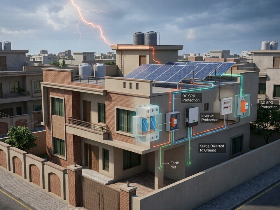 Solar surge protection device setup showing DC and AC SPD placement protecting inverter from lightning and voltage spikes in a residential system