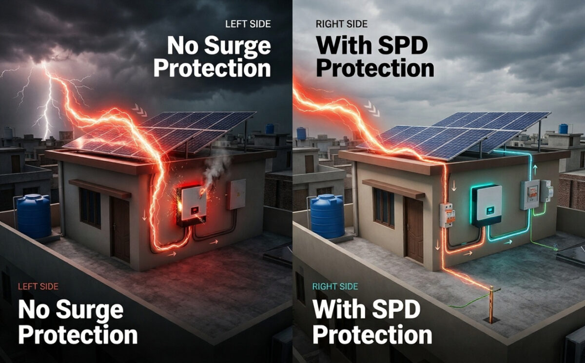 Solar surge protection device setup showing DC and AC SPD placement protecting inverter from lightning and voltage spikes in a residential system