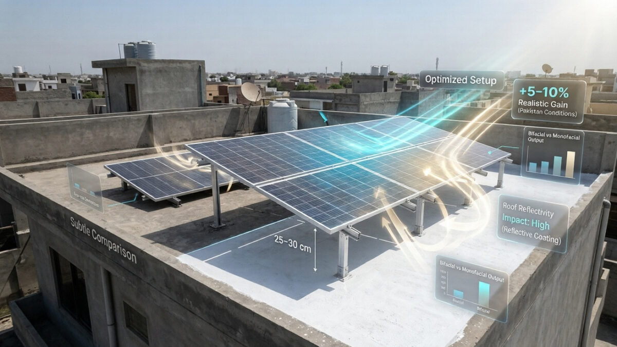 Bifacial solar panels installed on a raised concrete rooftop in Pakistan, showing rear-side light reflection and energy gain